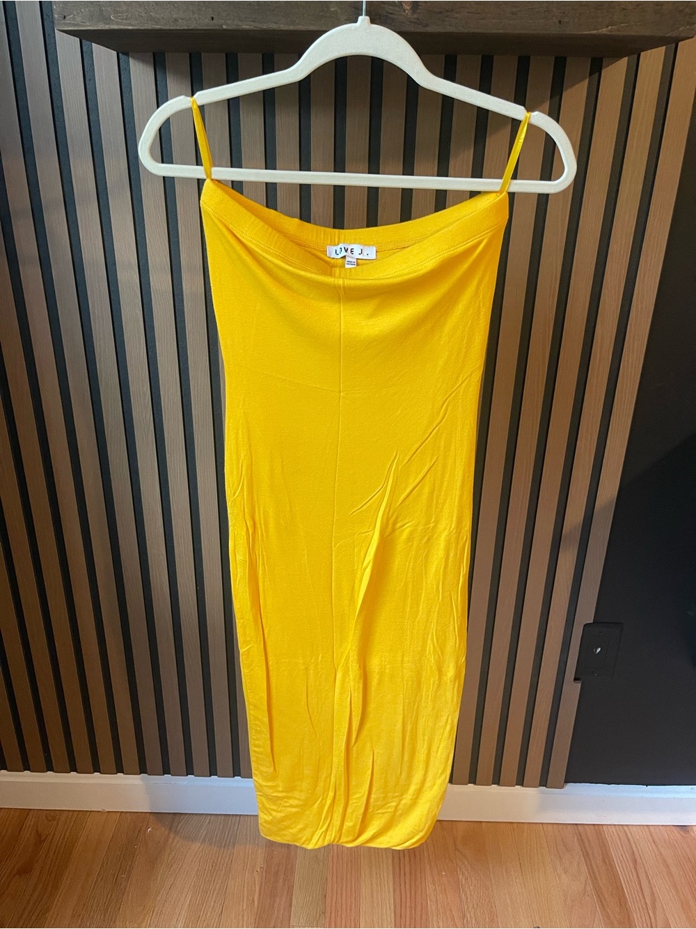 Love J Yellow Strapless Midi Bodycon Dress